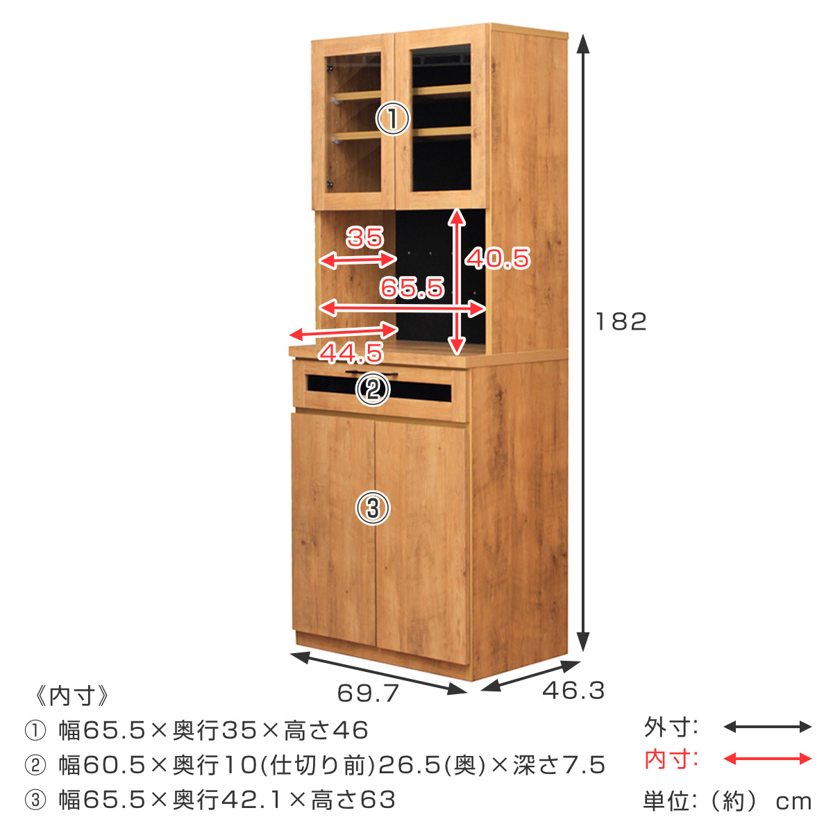 キッチンボード ヴィンテージ調 NEITS 約幅70cm （ カップボード キッチン 収納 レンジ台 食器収納 日本製 完成品 ）