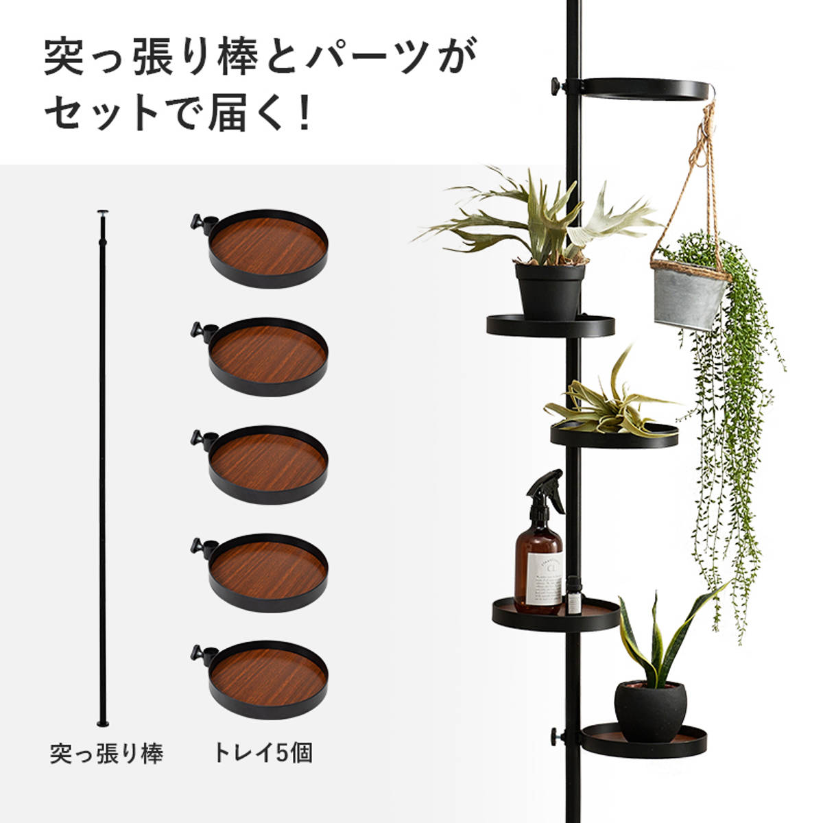 突っ張りポールラック 丸型トレイ5個 高さ調整 見せる収納 （ 突っ張りラック 突っ張り棒 ラック ハンガー ポール スリム 収納 突っ張り ）_13