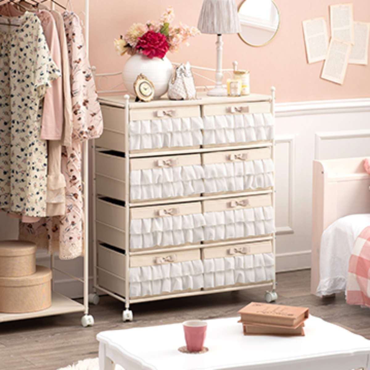 HAGiHARA（萩原） チェスト 4段 幅76cm キャスター付 フリル （ 収納