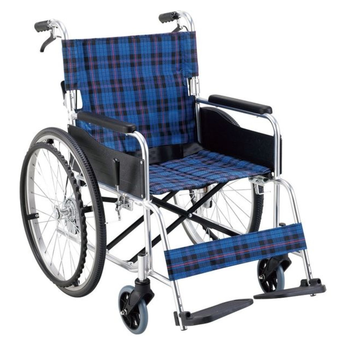 ミキ手動車椅子 チェック柄 自走用車椅子 バックポケット付き マキテック 車いす ワイドタイプ 自走式 背折れタイプ 座面幅46cm
