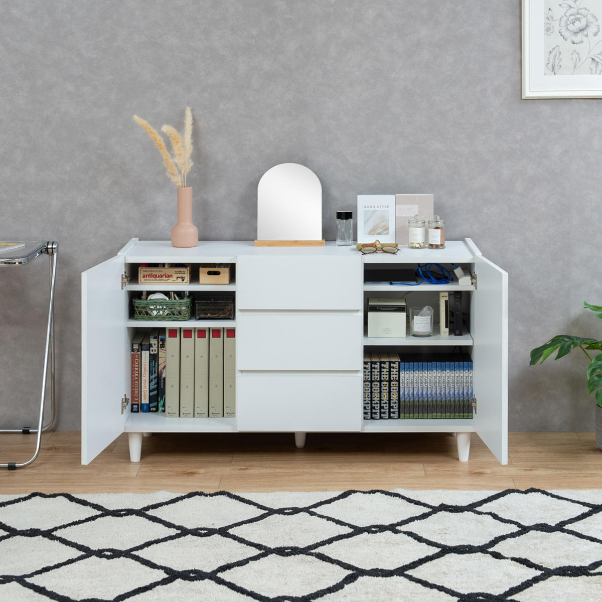 キャビネット 引出し3段 脚付 フレンチシャビ...の詳細画像5