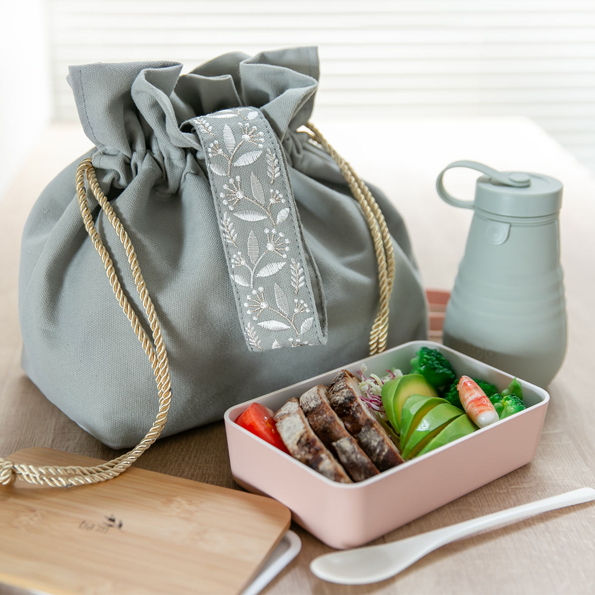 ランチバッグ くすみカラーマチ付き巾着 tiam （ 弁当袋 お弁当袋
