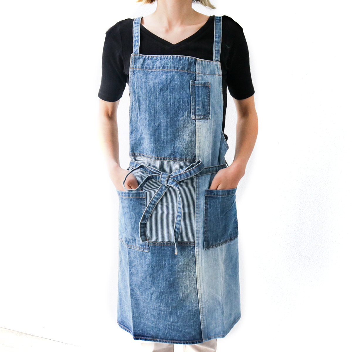 エプロン パッチワークデニムクロスエプロン （ ポケット付き デニム