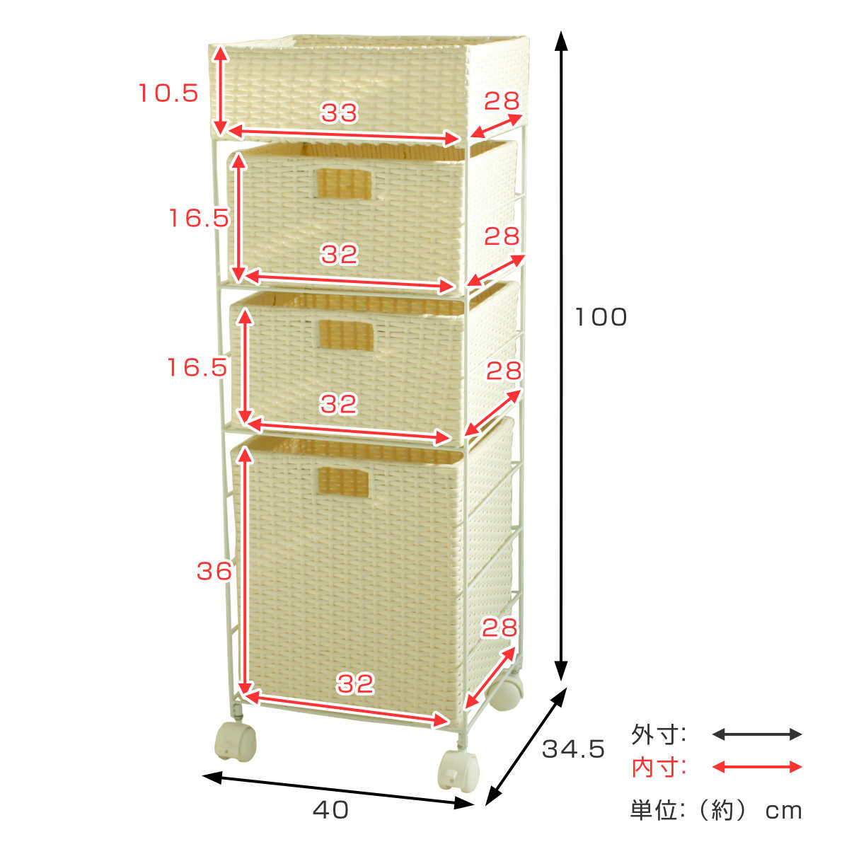 藤栄 ランドリーチェスト 4段 幅40cm 高さ100cm ラタン調 完成品