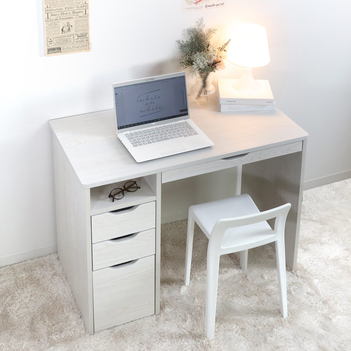 ワークデスク 引き出し付き 幅95.5cm 木製 コンパクト 韓国風