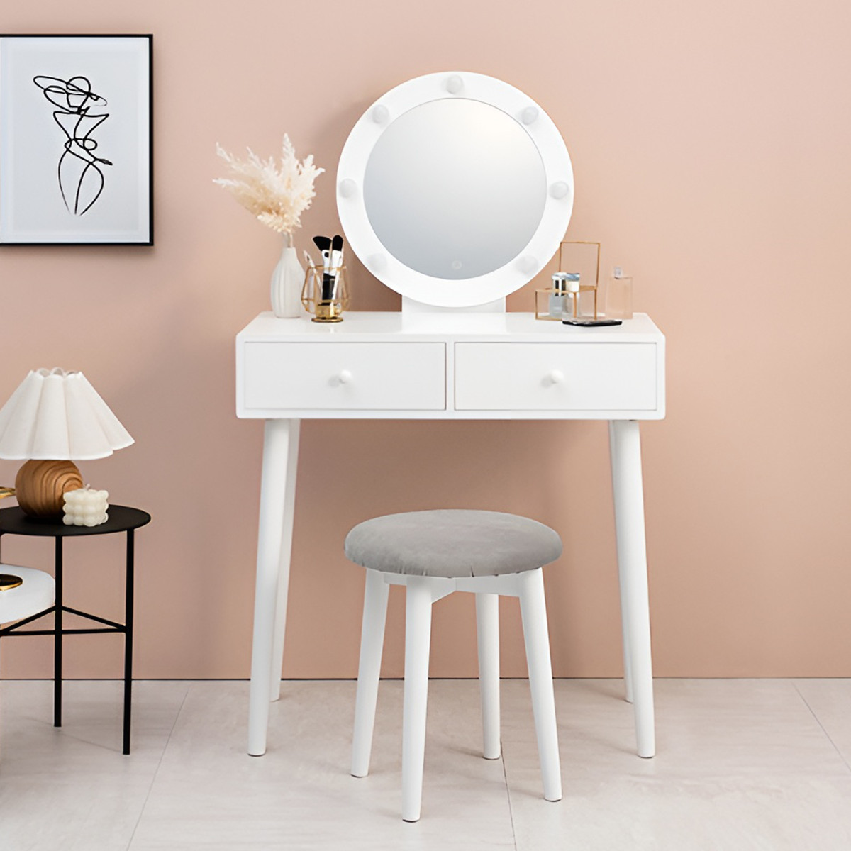 HAGiHARA（萩原） ドレッサー 幅75cm 丸ミラー ライト スツール付き