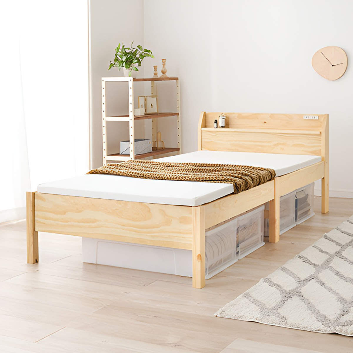 HAGiHARA（萩原） すのこベッド シングル 簡単組立 宮棚 2口コンセント