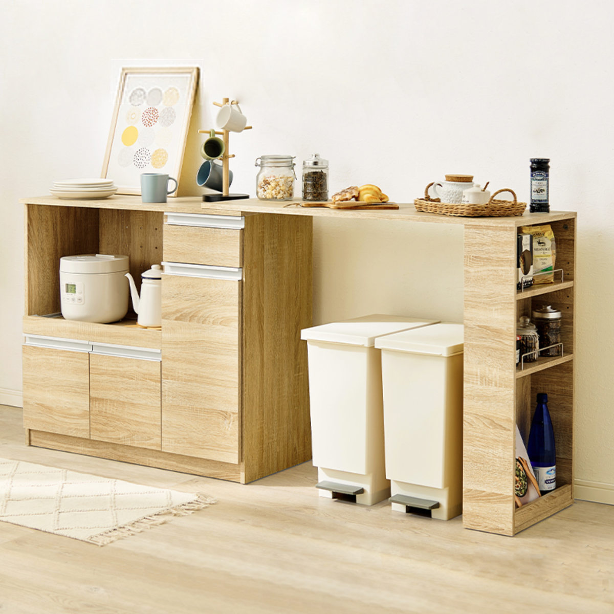 HAGiHARA（萩原） キッチンカウンター 伸縮タイプ 北欧風 幅104-178cm