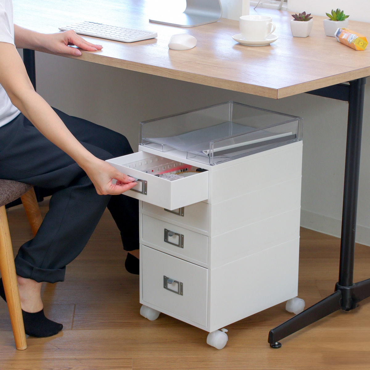 アウトレット　折りたたみデスク　サイドチェスト　机 折りたたみデスク 幅88cm デスク 木製 サイドチェスト付き キャスター