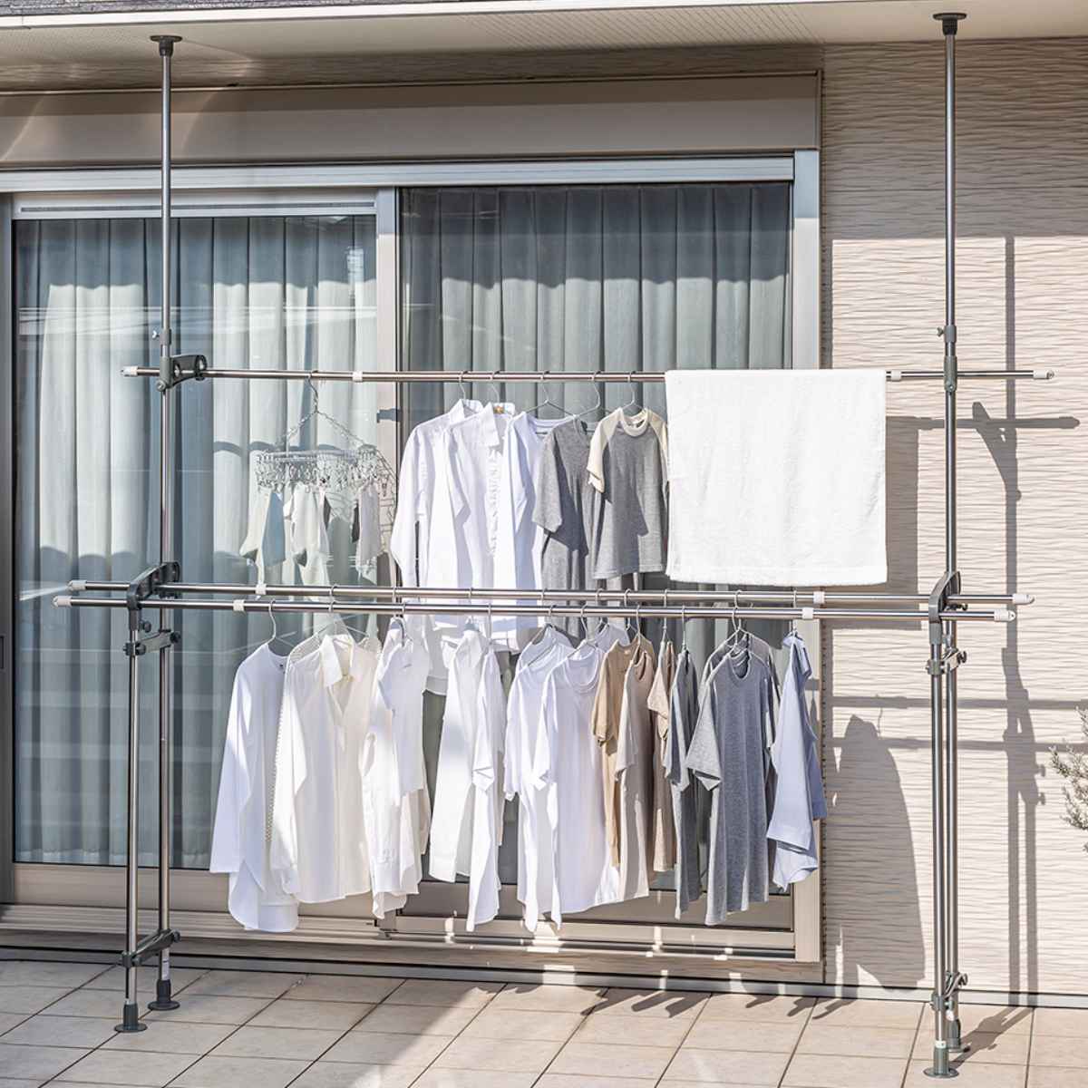 物干し 室外 ベランダ用突っ張り物干し 2段 布団干し （ ポール 突っ張り 洗濯 洗濯物干し ベランダ用 衣類 ふとん ）