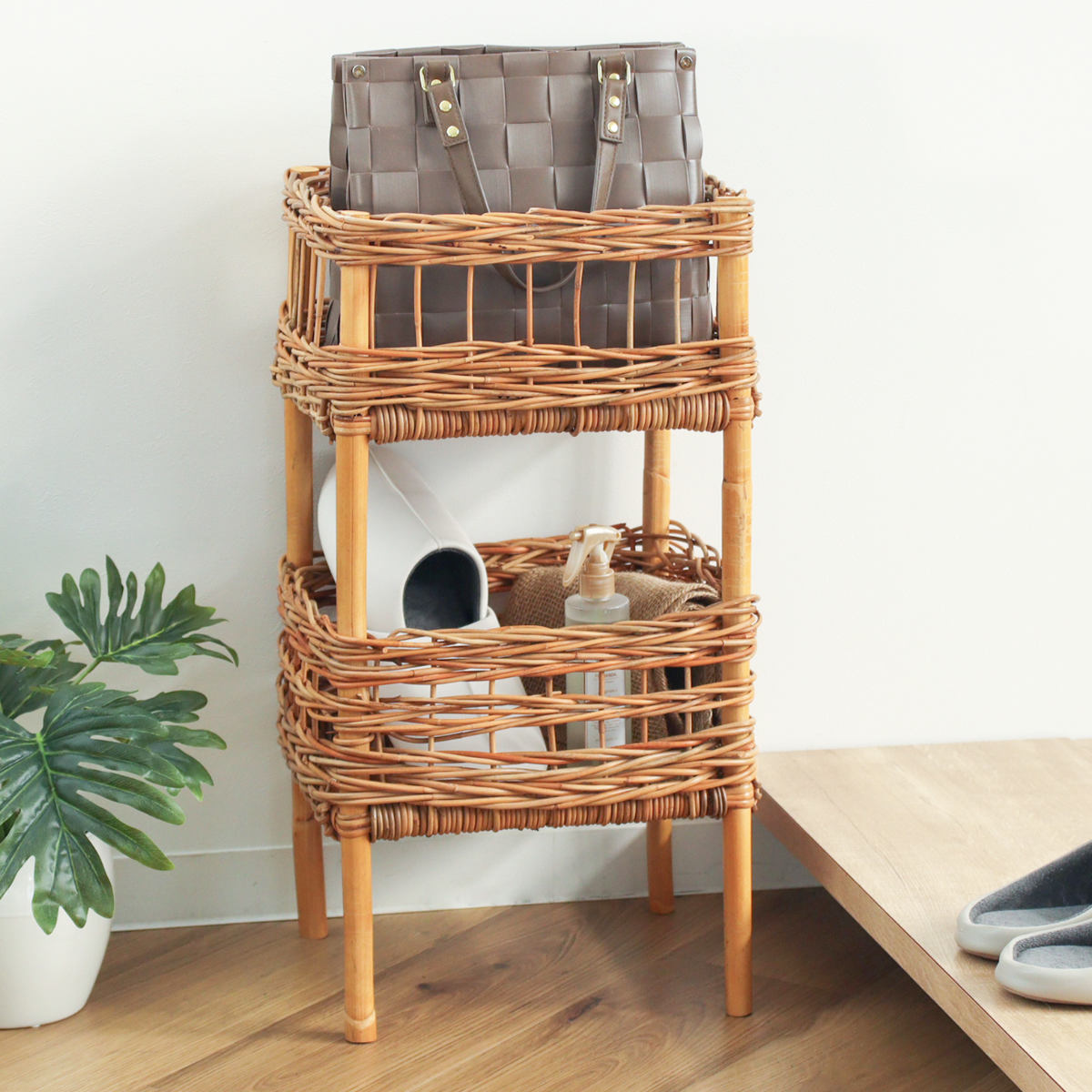 【新品】ラタン製2段収納ラック•アウトレット品 Creer ラタンバスケット 2段 幅34cm AROROG 籐 ラタン 軽量 おしゃれ