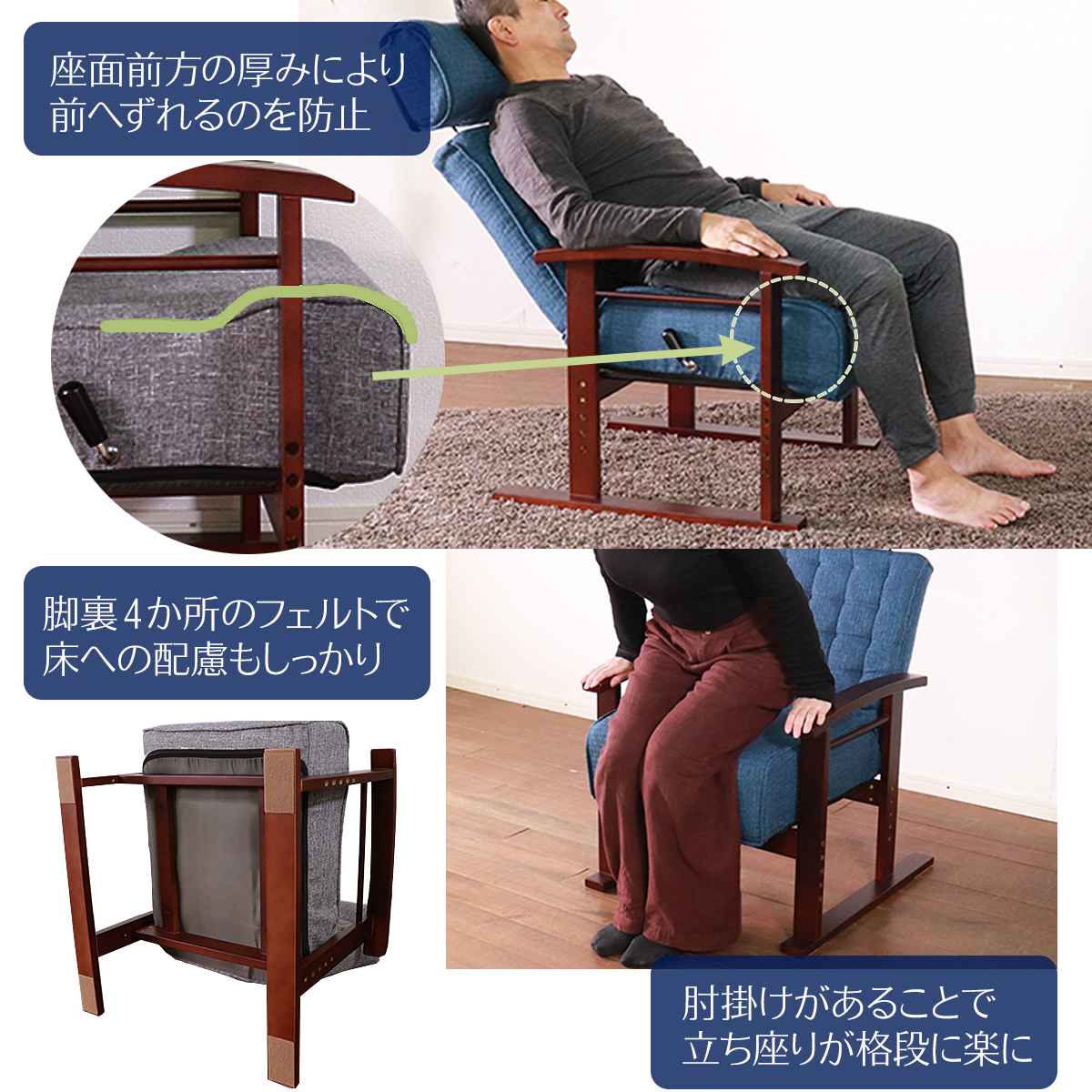 高座椅子 座面高35〜44cm 無段階リクライニング ヘッドレスト可動