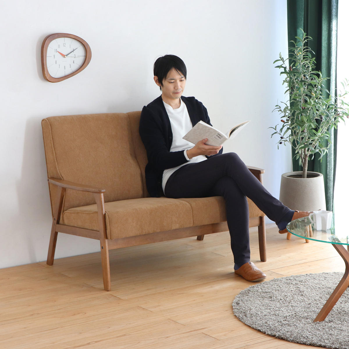 ソファ 2人掛け 天然木肘付き コーデュロイ カントリー調 幅116cm