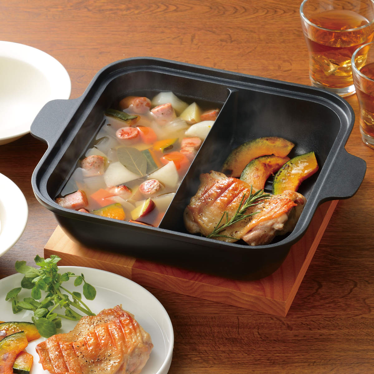 和平フレイズ 卓上鍋 24cm 角型 仕切り付き スキップタイム 二食鍋