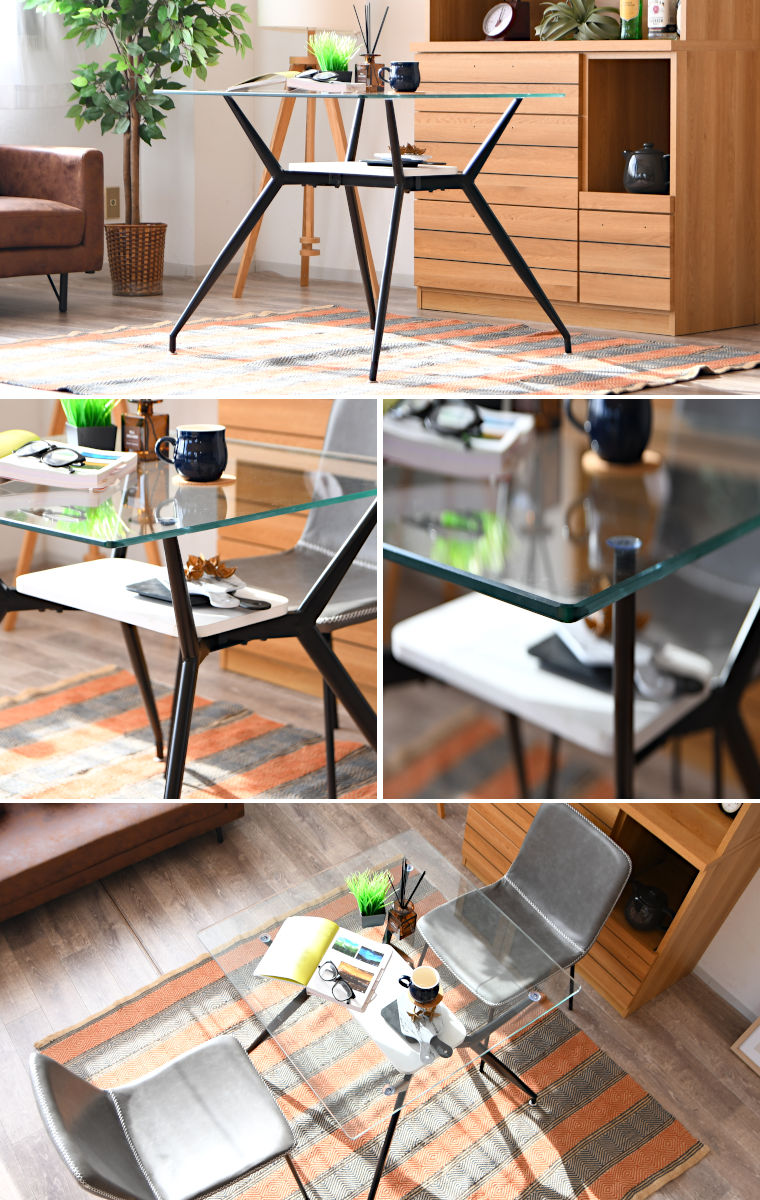 ダイニングテーブル 2人掛け ガラス 収納スペース付き 幅80cm