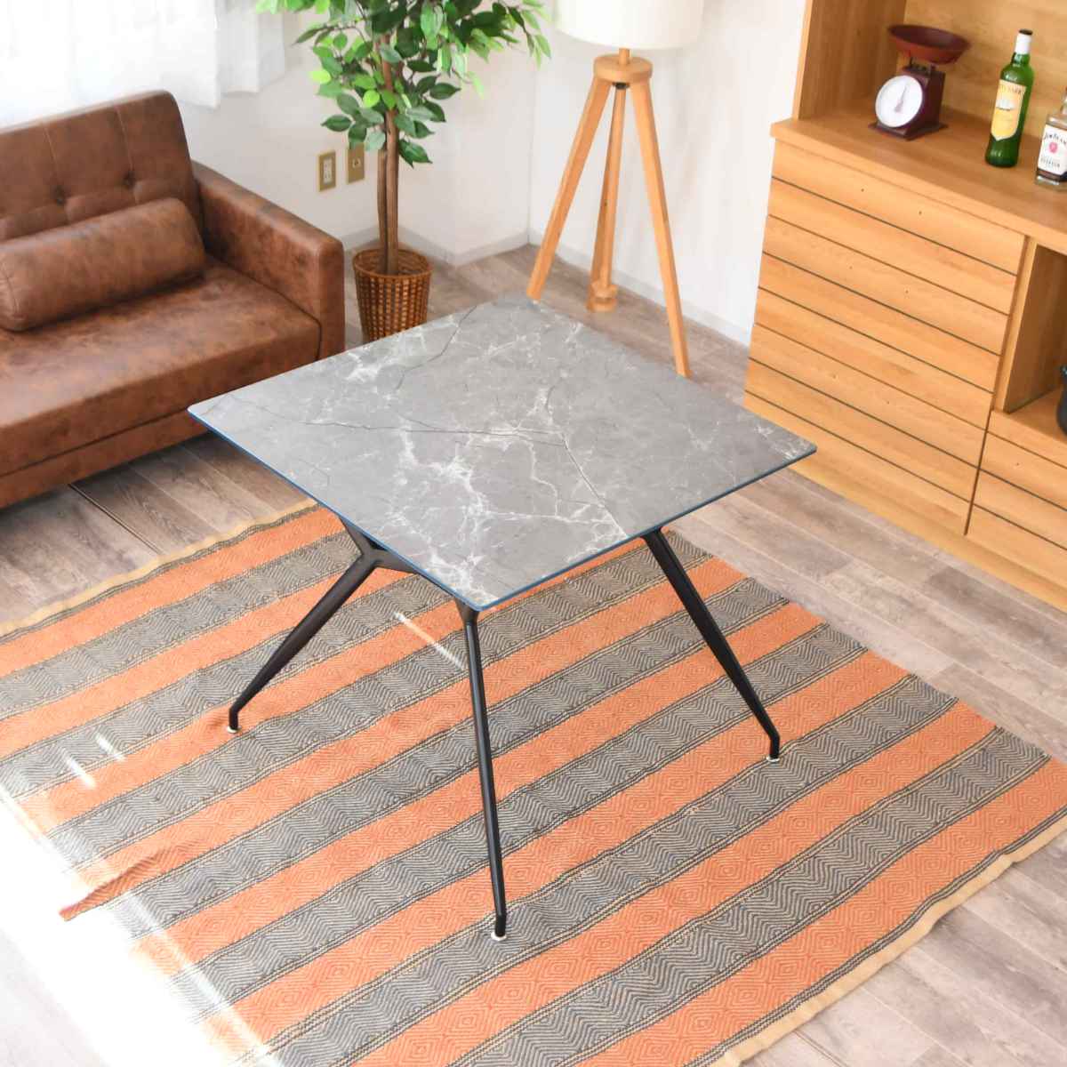 ダイニングテーブル 2人掛け 大理石調 収納スペース付き 幅80cm （ 石