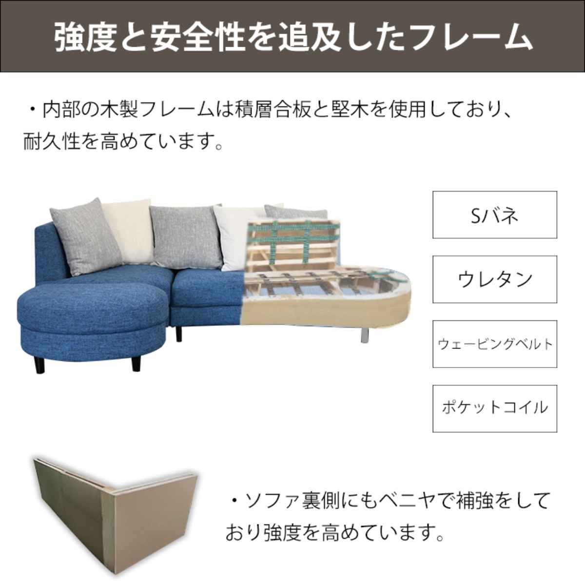 ソファ 3人掛け L字 脚取り外し可能 クッション5個付き ファブリック