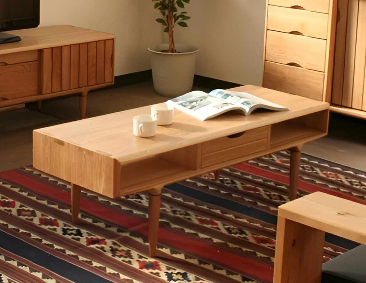 美品 起立木工 センターテーブル KISSUI 120cm オーク 無垢材 起立木工 センターテーブル 引き出し付 オーク無垢材 KISSUI 幅120cm