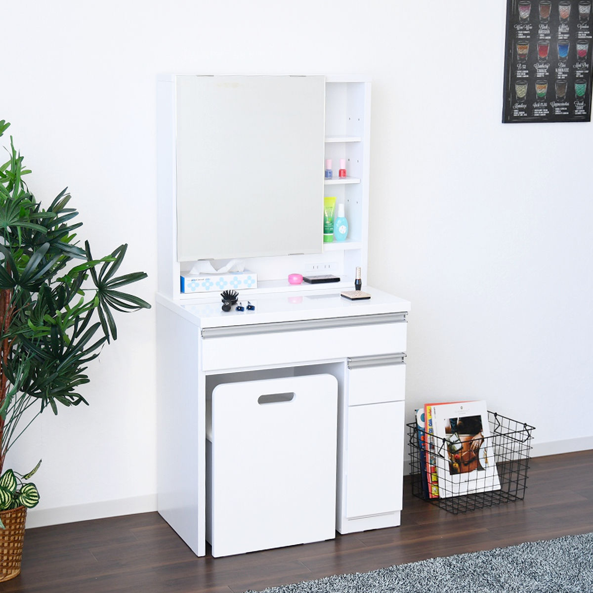 ドレッサー 幅65cm 鏡台 一面鏡 ローズ （ スツール付き コンセント