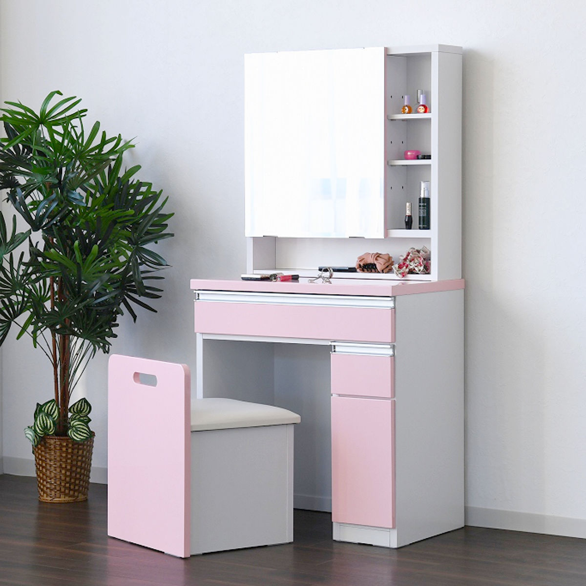 ドレッサー 幅65cm 鏡台 一面鏡 ローズ （ スツール付き コンセント