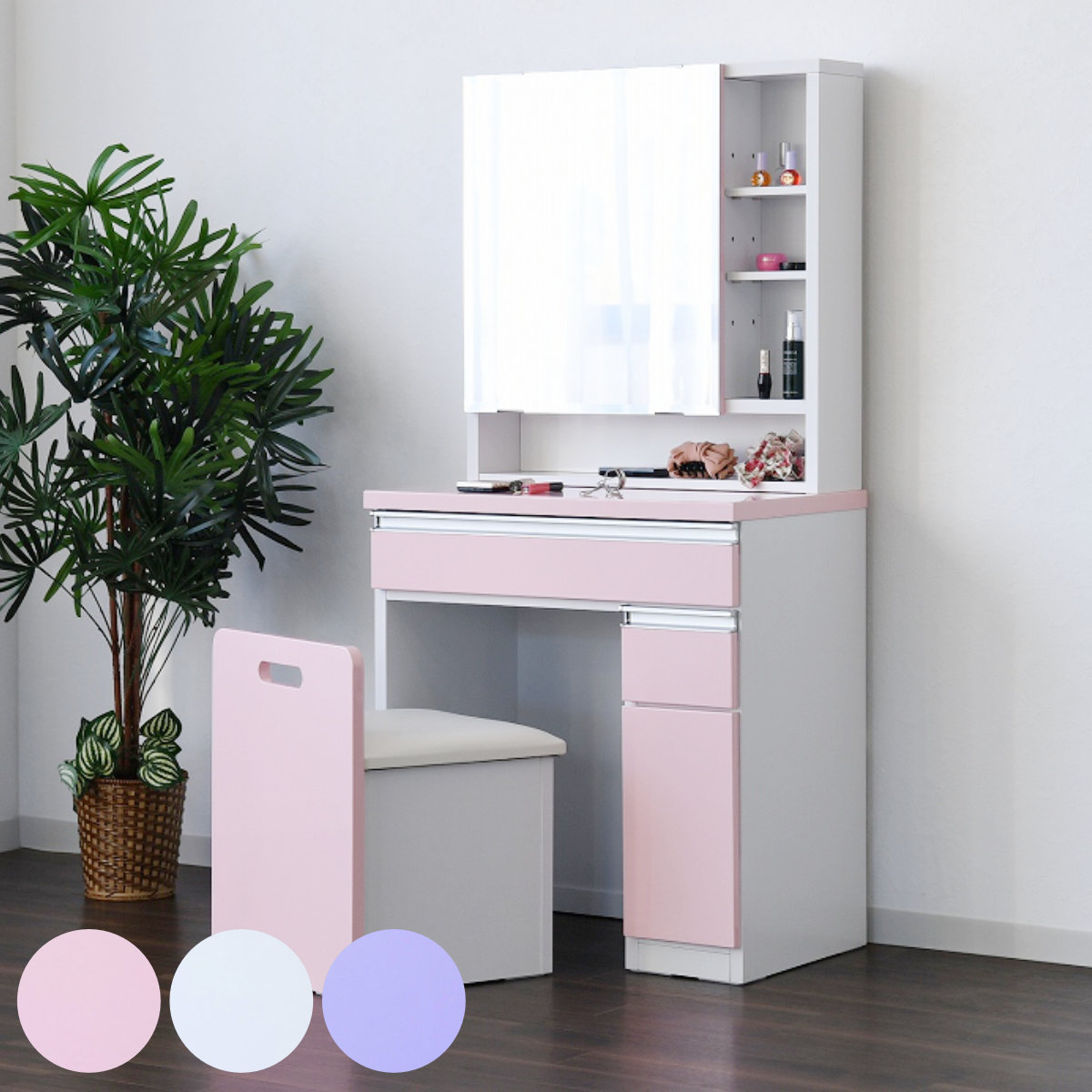 ドレッサー 幅65cm 鏡台 一面鏡 ローズ （ スツール付き コンセント