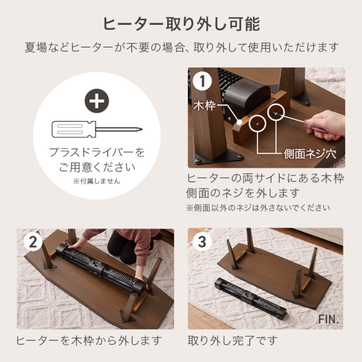 こたつ テーブル 八角形 布団レスタイプ ヒーター取り外し可能 節電