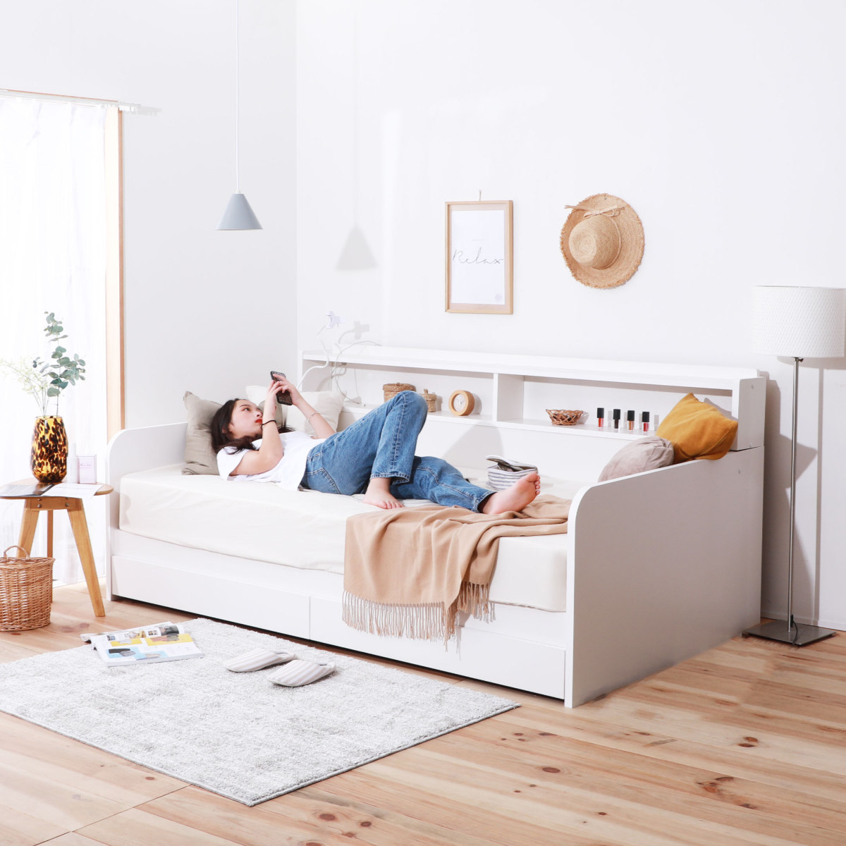 デイベッド シングル 棚付 引出し2杯 すのこ （ ソファベッド ベッド