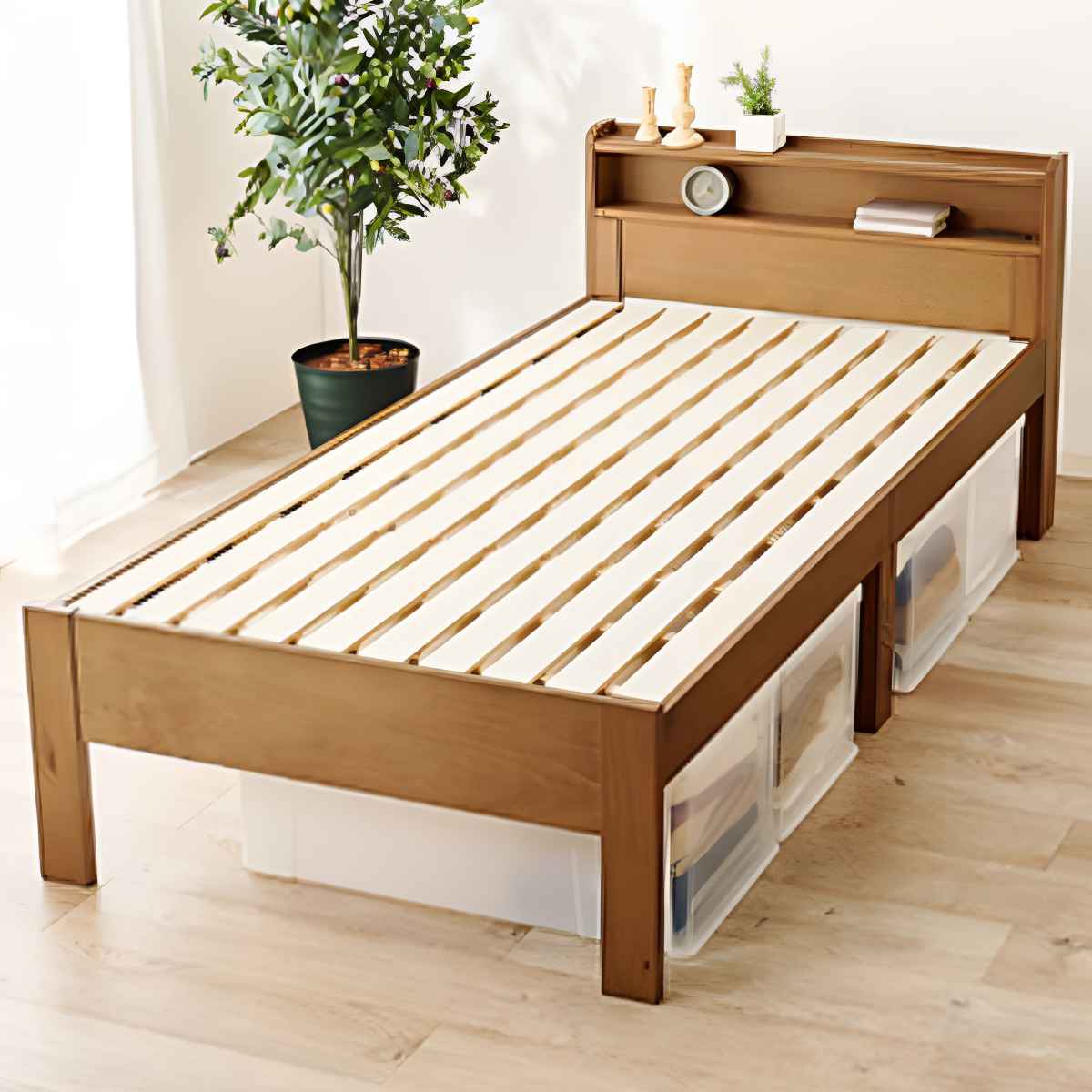 HAGiHARA（萩原） ベッド シングル すのこ 宮棚 2口コンセント付 高さ3