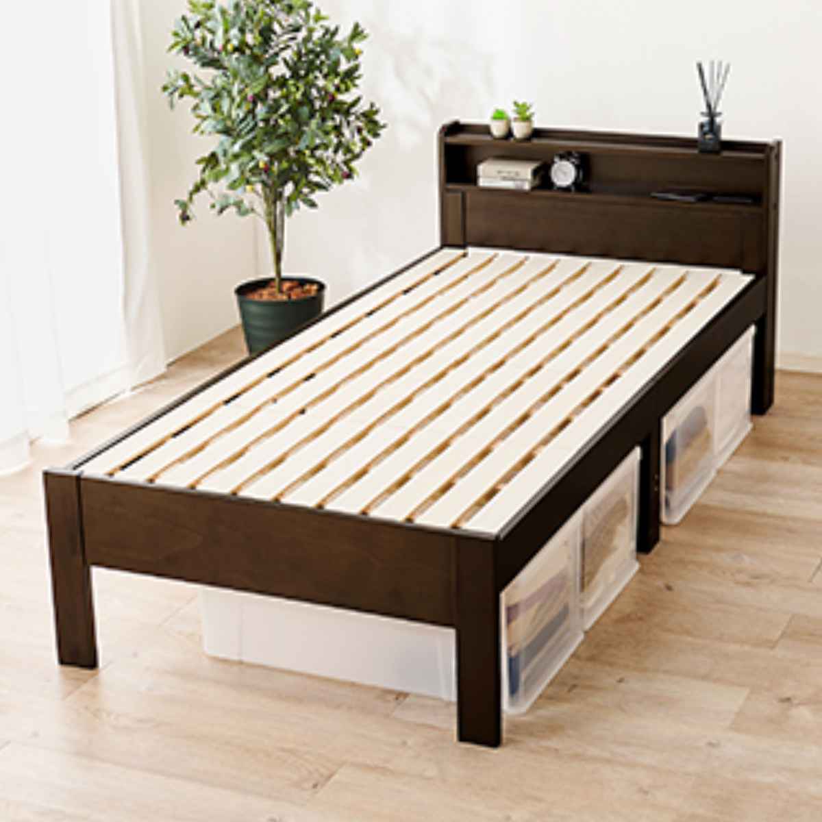 HAGiHARA（萩原） ベッド シングル すのこ 宮棚 2口コンセント付 高さ3
