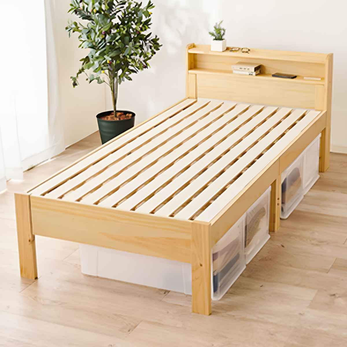 HAGiHARA（萩原） ベッド シングル すのこ 宮棚 2口コンセント付 高さ3