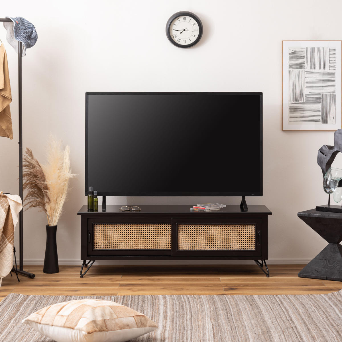 東谷 TVボード エスニック調 ラタン張り 幅120cm （ TV台 収納 家具