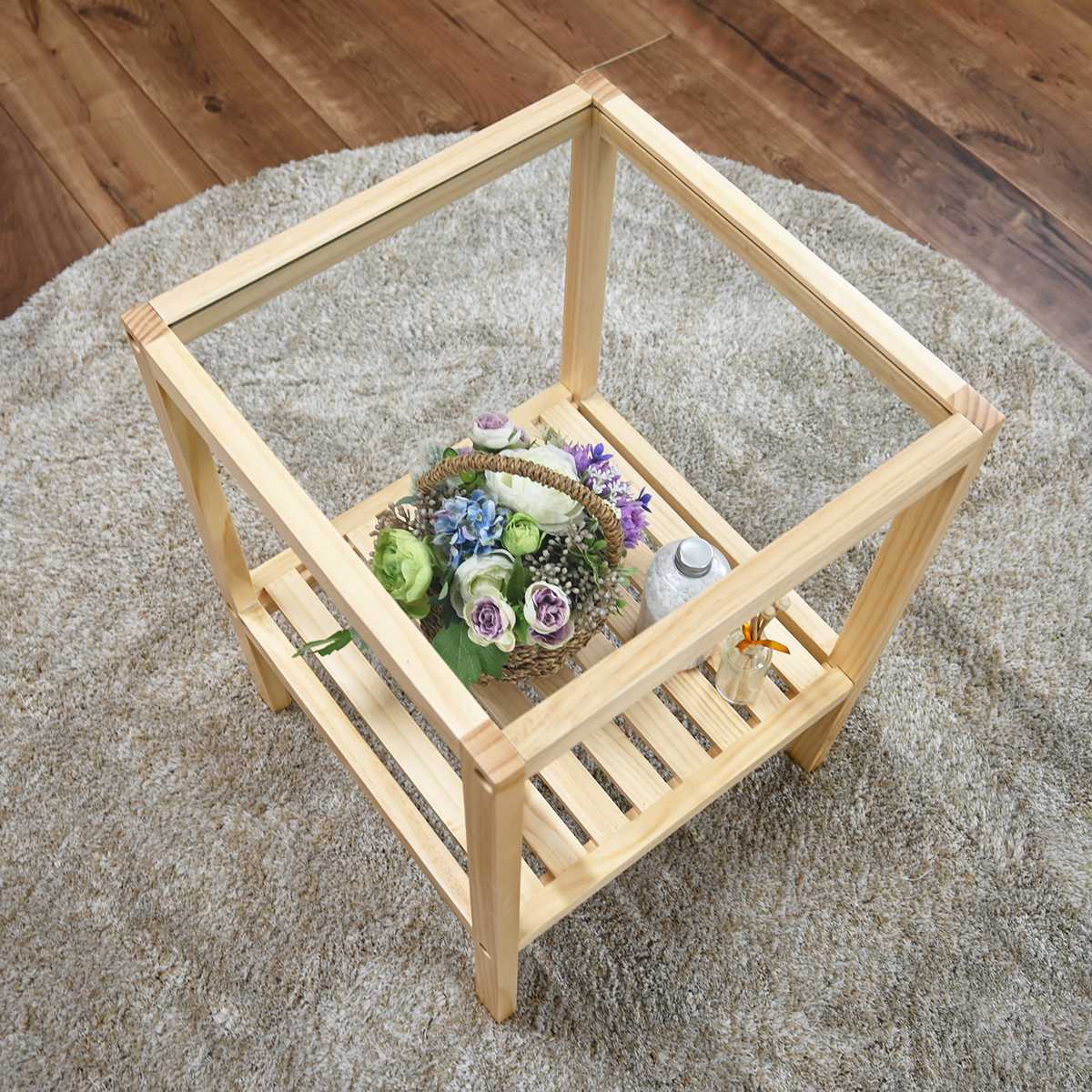 フクダクラフト サイドテーブル ガラス天板 天然木フレーム 棚付 約