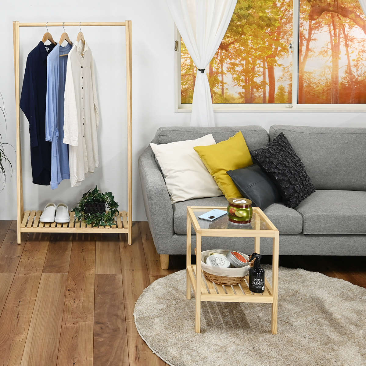 フクダクラフト サイドテーブル ガラス天板 天然木フレーム 棚付 約