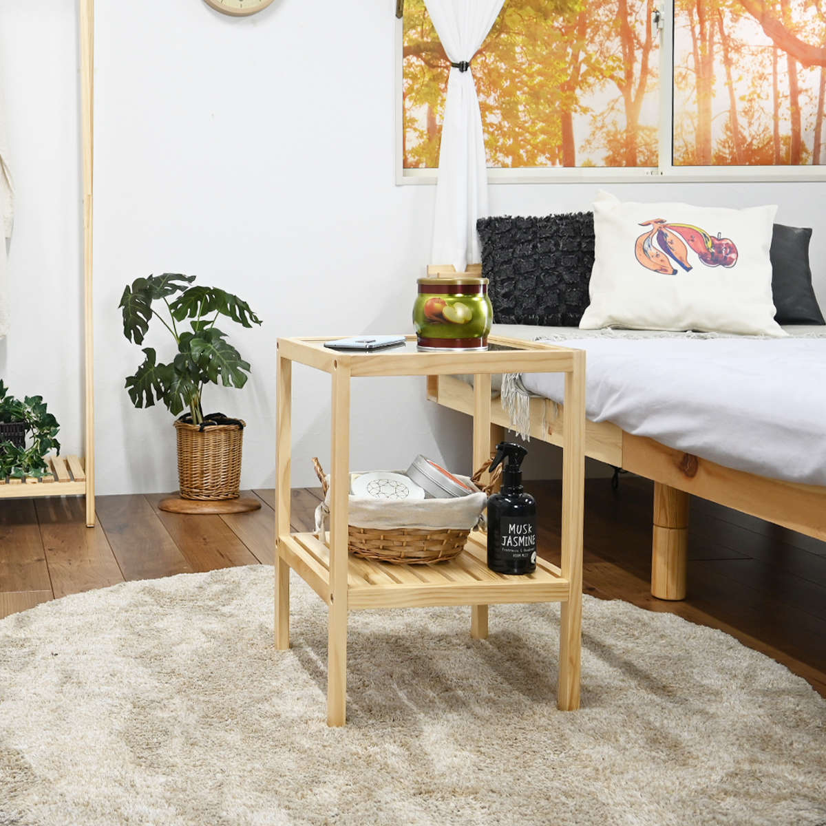 フクダクラフト サイドテーブル ガラス天板 天然木フレーム 棚付 約