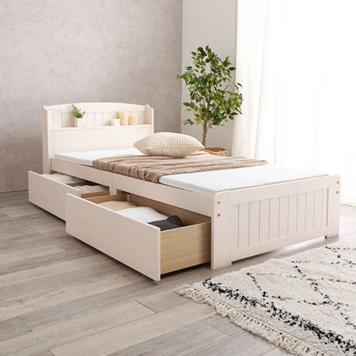 四つ折りマットレス付ベッド シングル 引出し2杯 すのこ 宮棚 2口