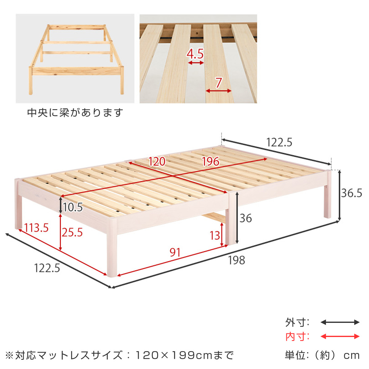 すのこベッド セミダブル 簡単組立 ロールすのこ ベッド 工具不要 天然木 （ ヘッドボードなし 耐荷重 200kg パイン材 ベット ベッドフレーム 木製 ）