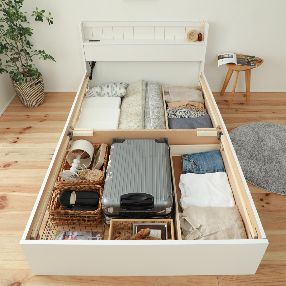 引出し2杯収納セミダブルベッド 収納付きベッド セミダブル 引出し2杯 宮棚 2口コンセント 日本製