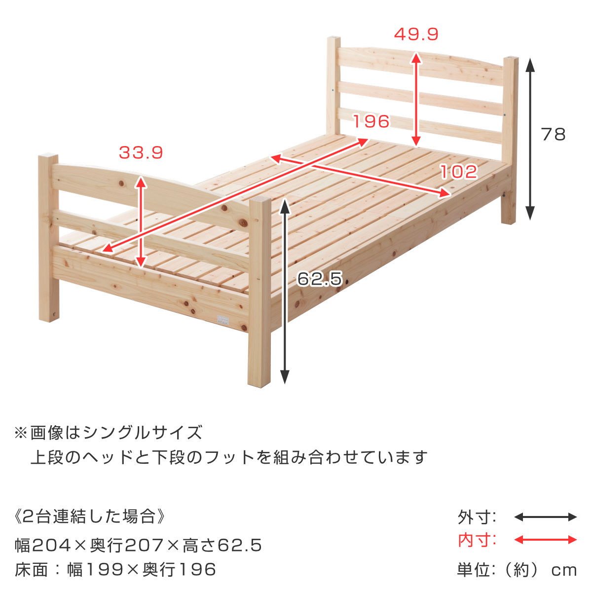 国産ひのき すのこベッド シングル×2台セット｜キング相当｜2025年3月購入 2段ベッド 国産ひのき 組み替え可能 シングル〜キング すのこ 天然木