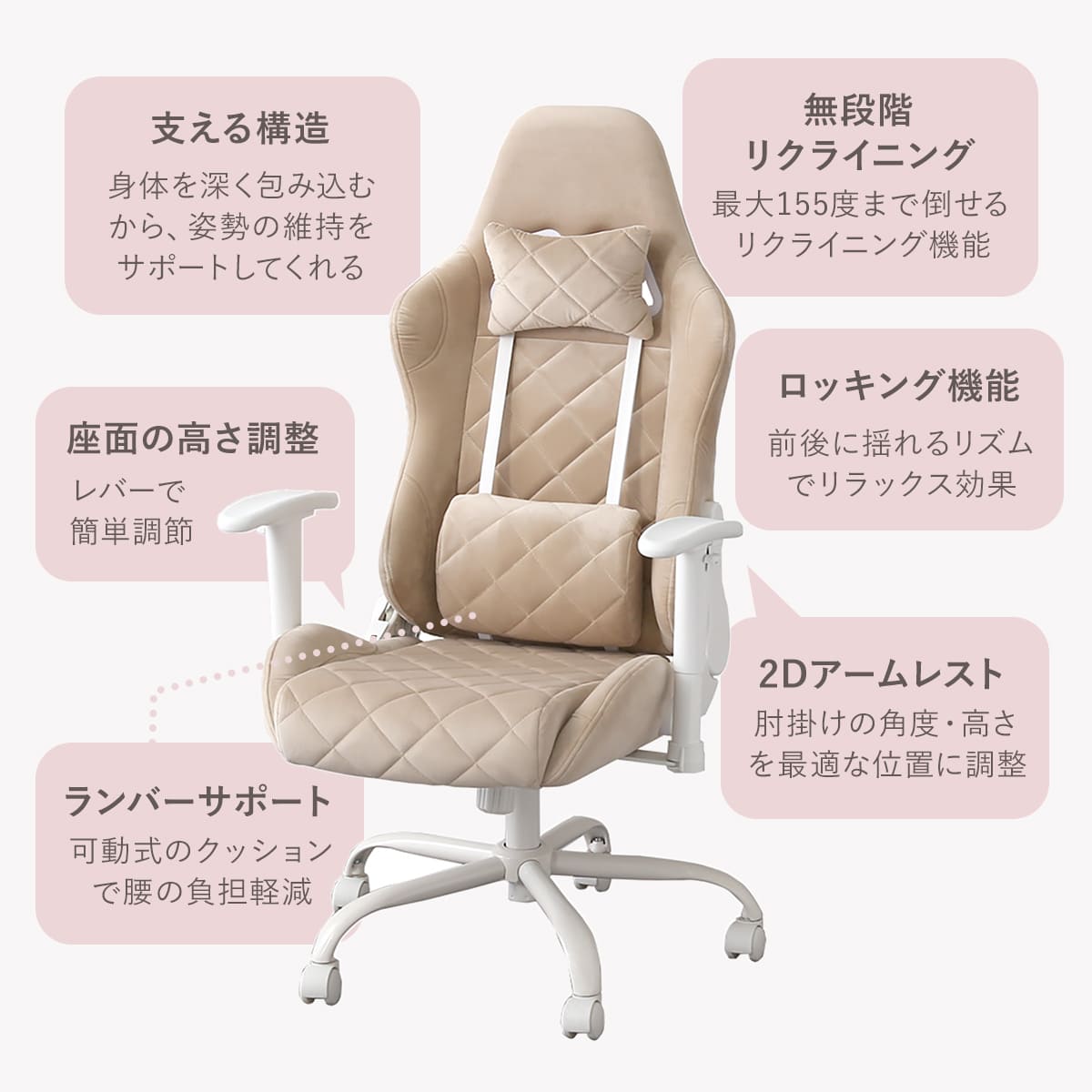 ホームテイスト(HOME taste) 大人かわいいゲーミングチェア 座面高47 ホームテイスト(HOME taste) 大人かわいいゲーミングチェア 座面高47