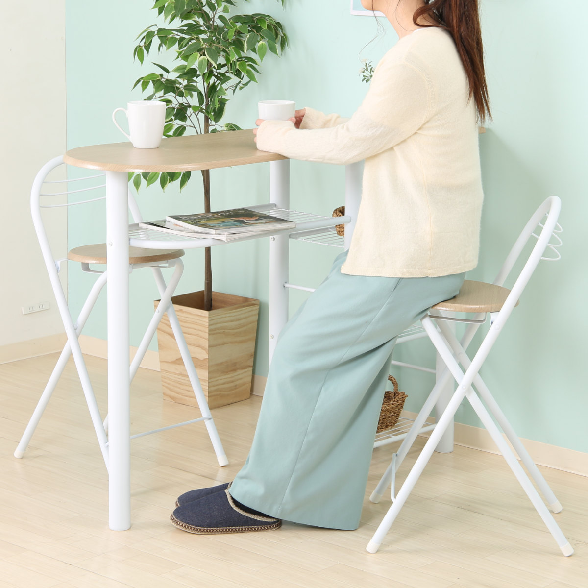 不二貿易（Fuji Boeki） カウンターテーブル 3点セット 棚付 テーブル 