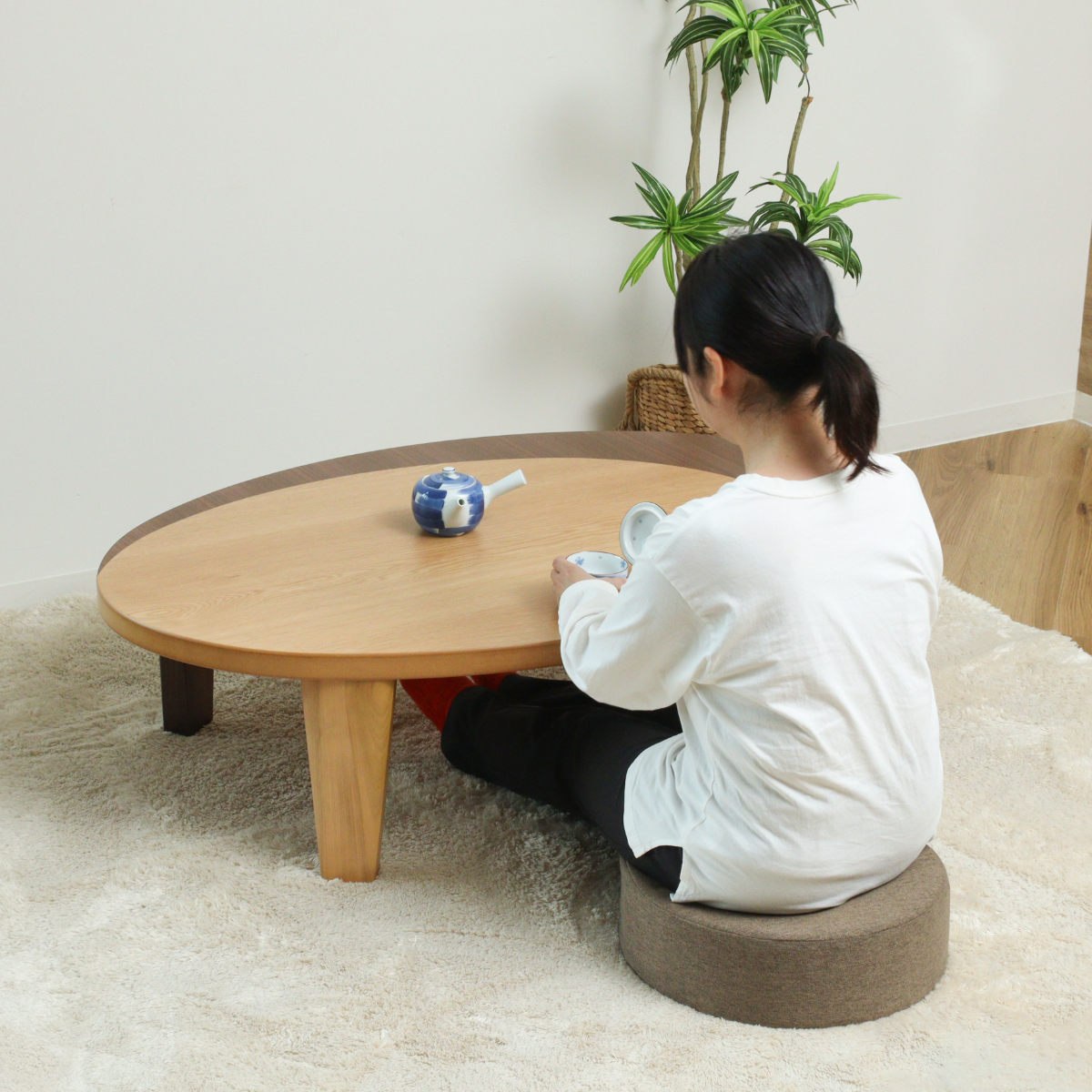 座卓 幅150cm オーバル型 折れ脚 クラン 木製 完成品 日本製