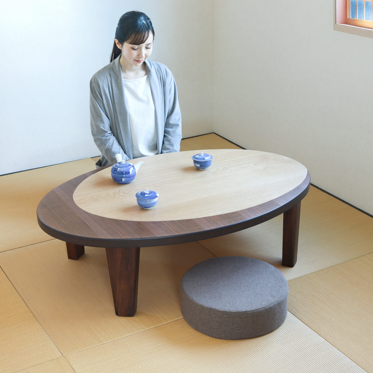 座卓 幅150cm オーバル型 折れ脚 クラン 木製 完成品 日本製