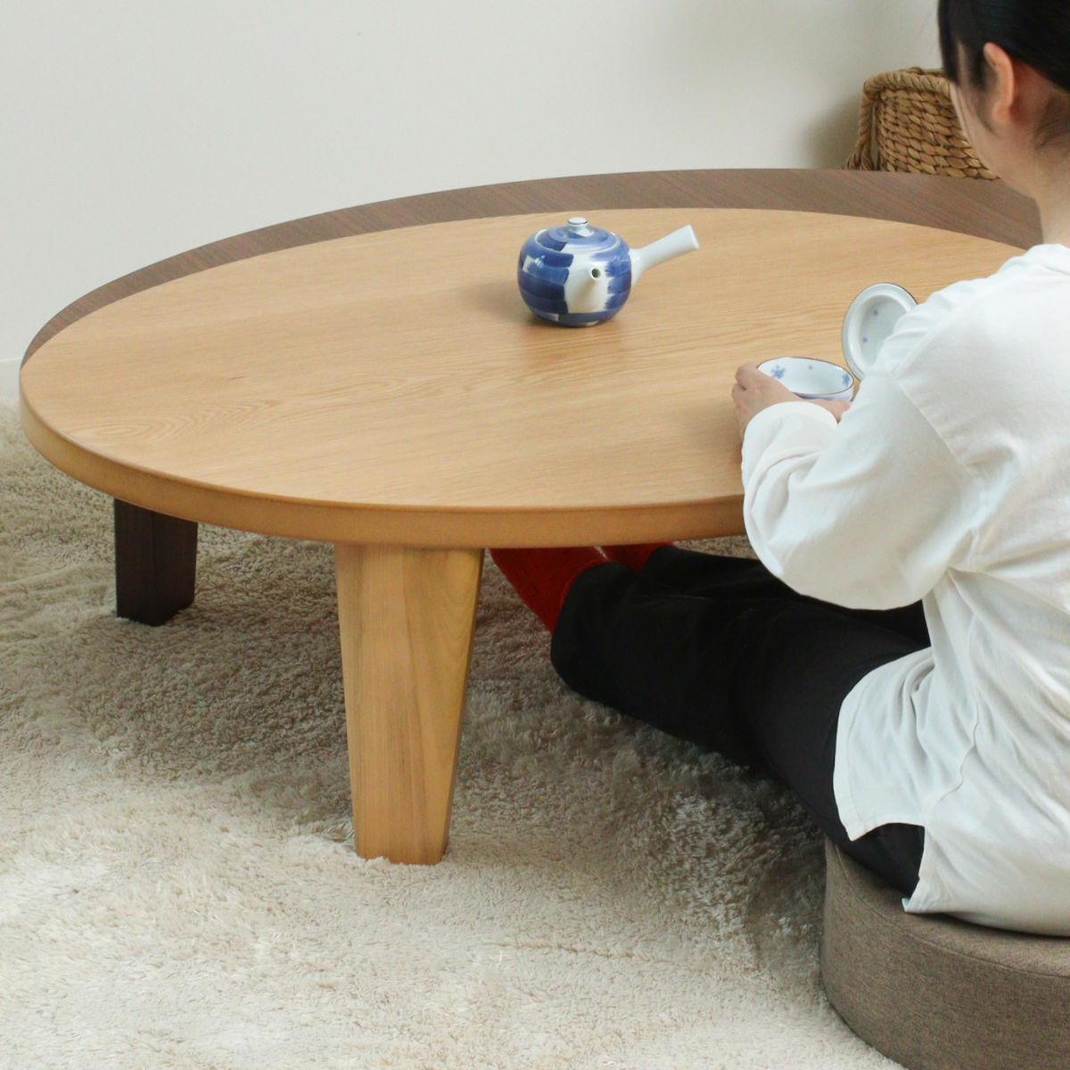 座卓 幅150cm オーバル型 折れ脚 クラン 木製 完成品 日本製