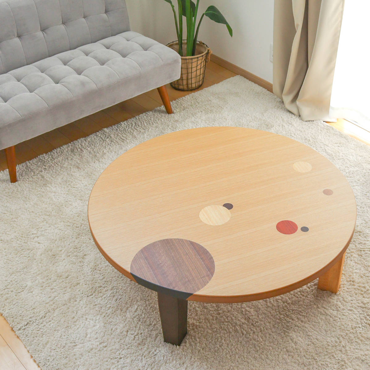 ローテーブル 折りたたみ 円型 直径105cm アース （ ナラ 象嵌入り