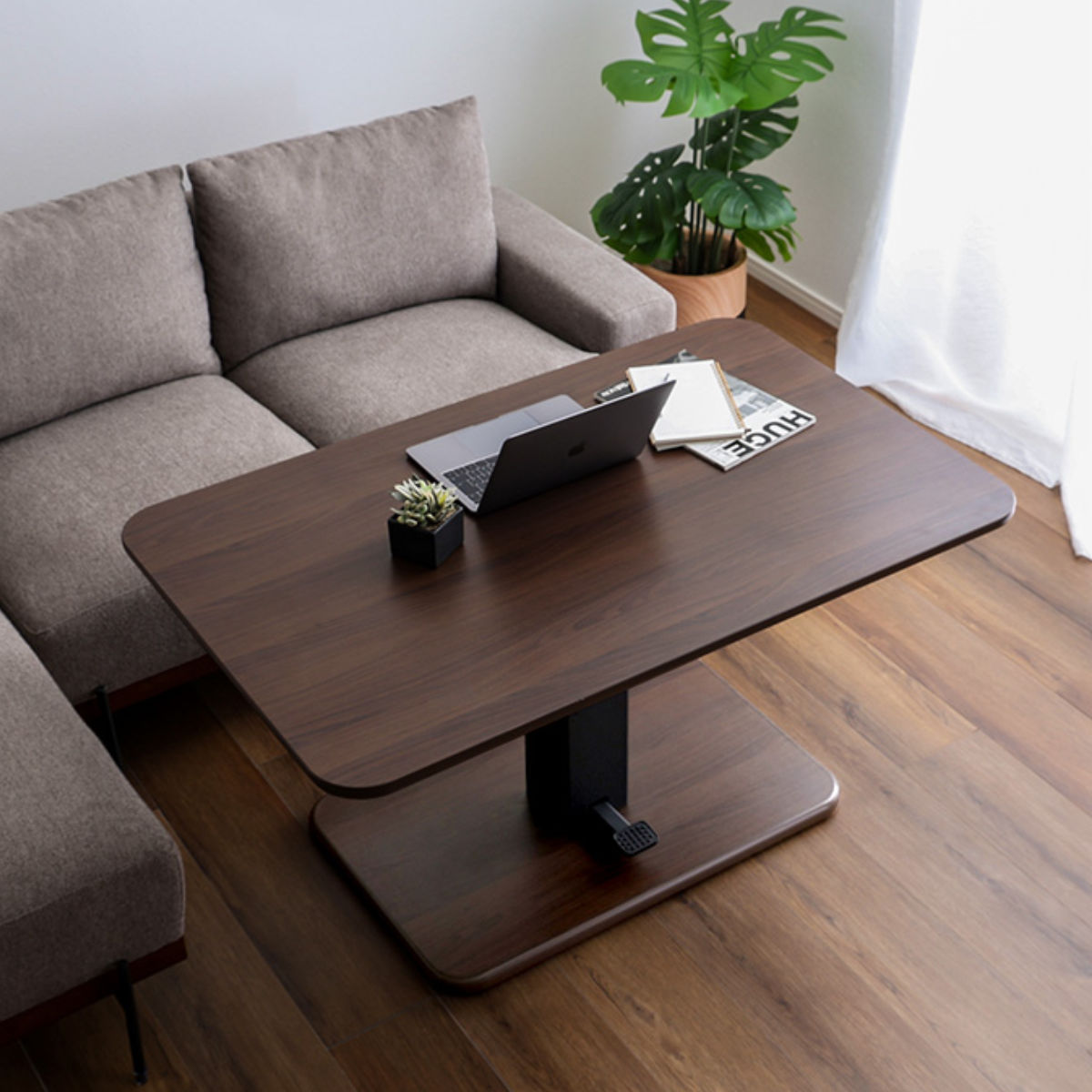 リフティング テーブル シェルフ 昇降式　無段階　ウォールナット　収納棚付き ホームテイスト（HOME taste） リビングテーブル 昇降テーブル 幅119.5