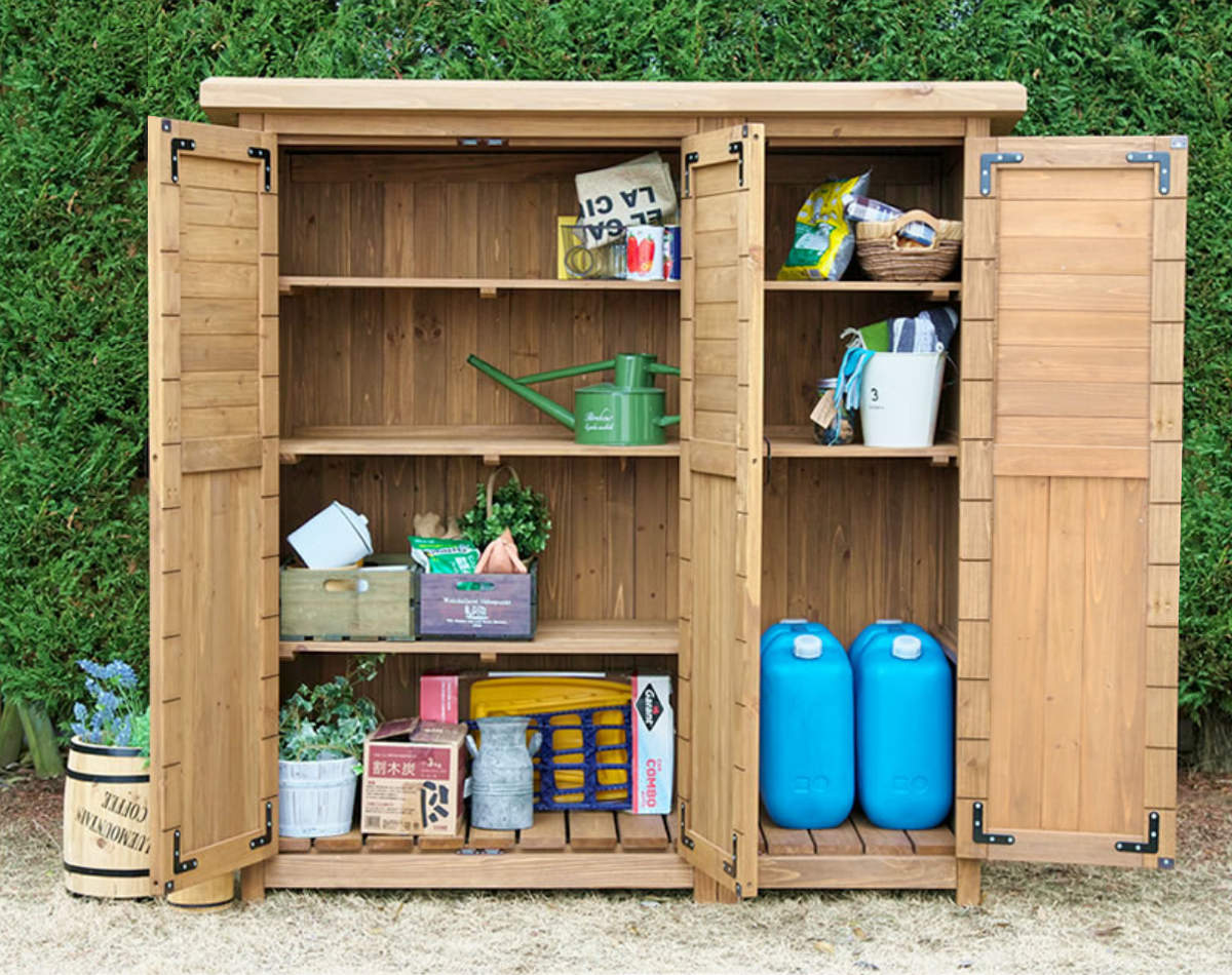 物置 木製 大型収納庫 三つ扉 （ 屋外 屋外物置 約 幅 155 cm 木製物置