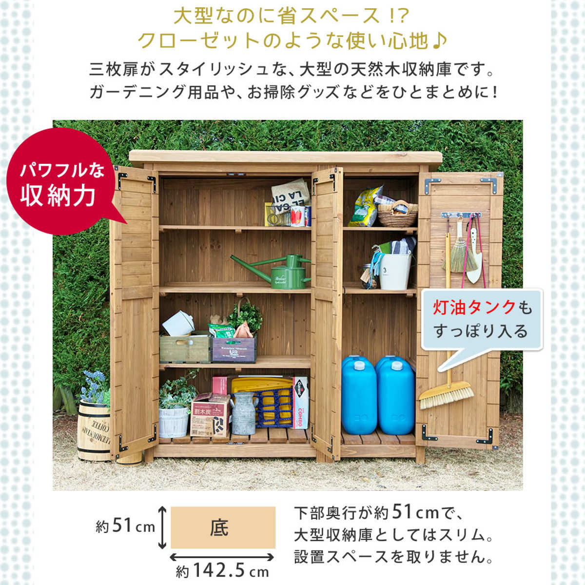 物置 木製 大型収納庫 三つ扉 （ 屋外 屋外物置 約 幅 155 cm 木製物置