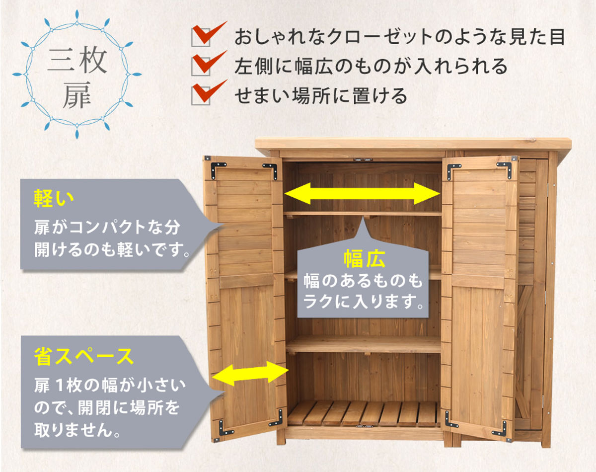 物置 木製 大型収納庫 三つ扉 （ 屋外 屋外物置 約 幅 155 cm 木製物置