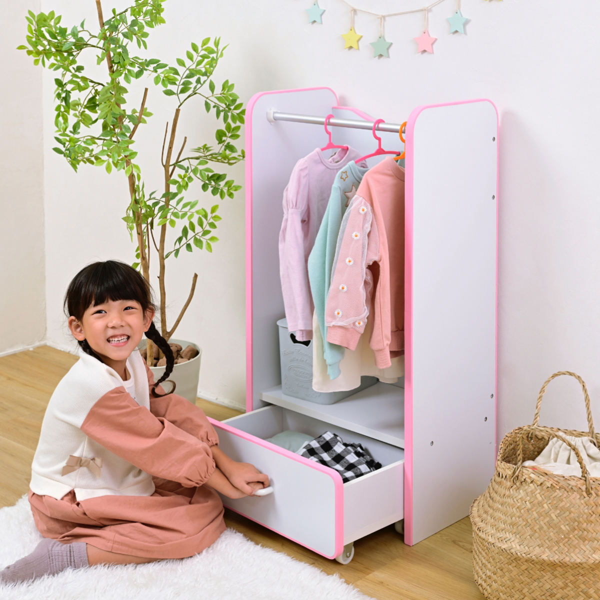 ハンガーラック　子供向け　引き出し収納付き キッズハンガーラック 引出し収納付 エッジソフト 幅48cm （ ハンガー
