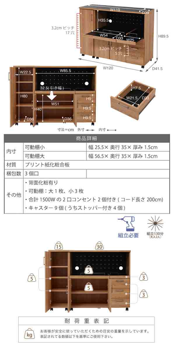 JK-PLAN（ジェイケイ・プラン） レンジ台 幅120cm キッチンラック